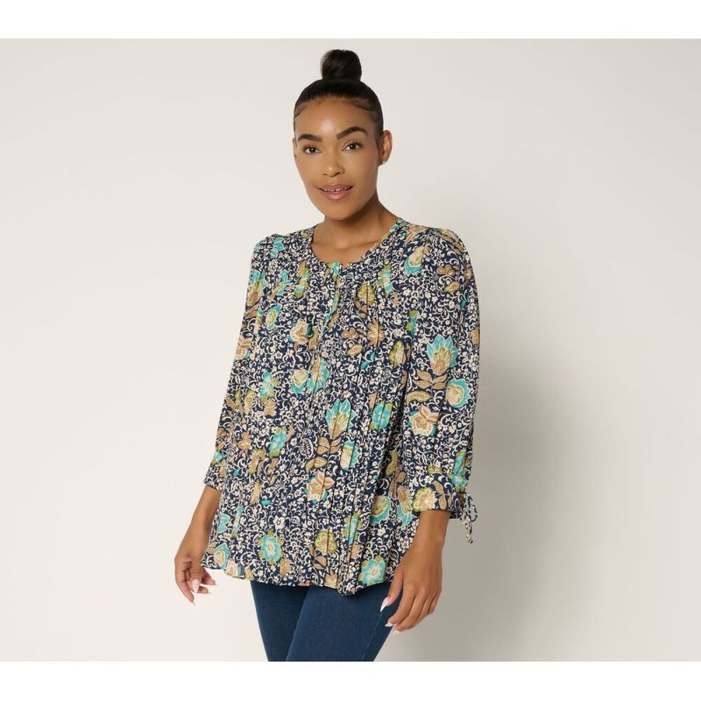 Susan Graver Women's Top Sz 2XS (XXS) Printed Pleated Woven Multi-colored